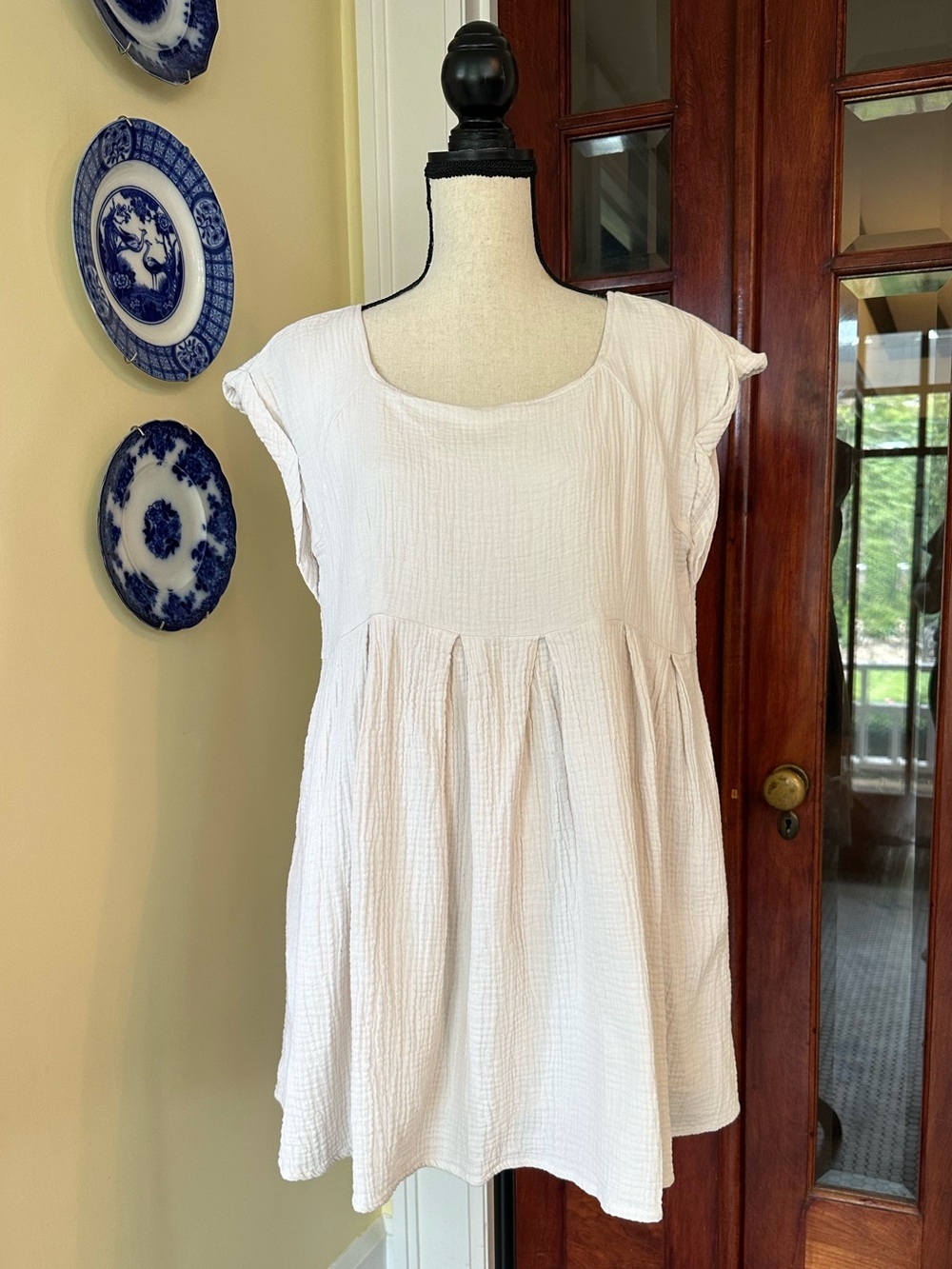 By Together | Double Gauze Pleated Babydoll Dress Cream, Size L